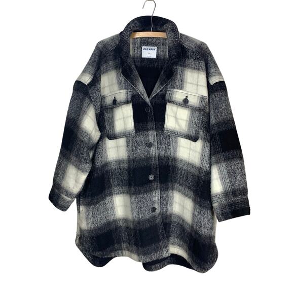 Old Navy Black White Plaid Fuzzy Long Flannel Coat Size XXL - Picture 1 of 6